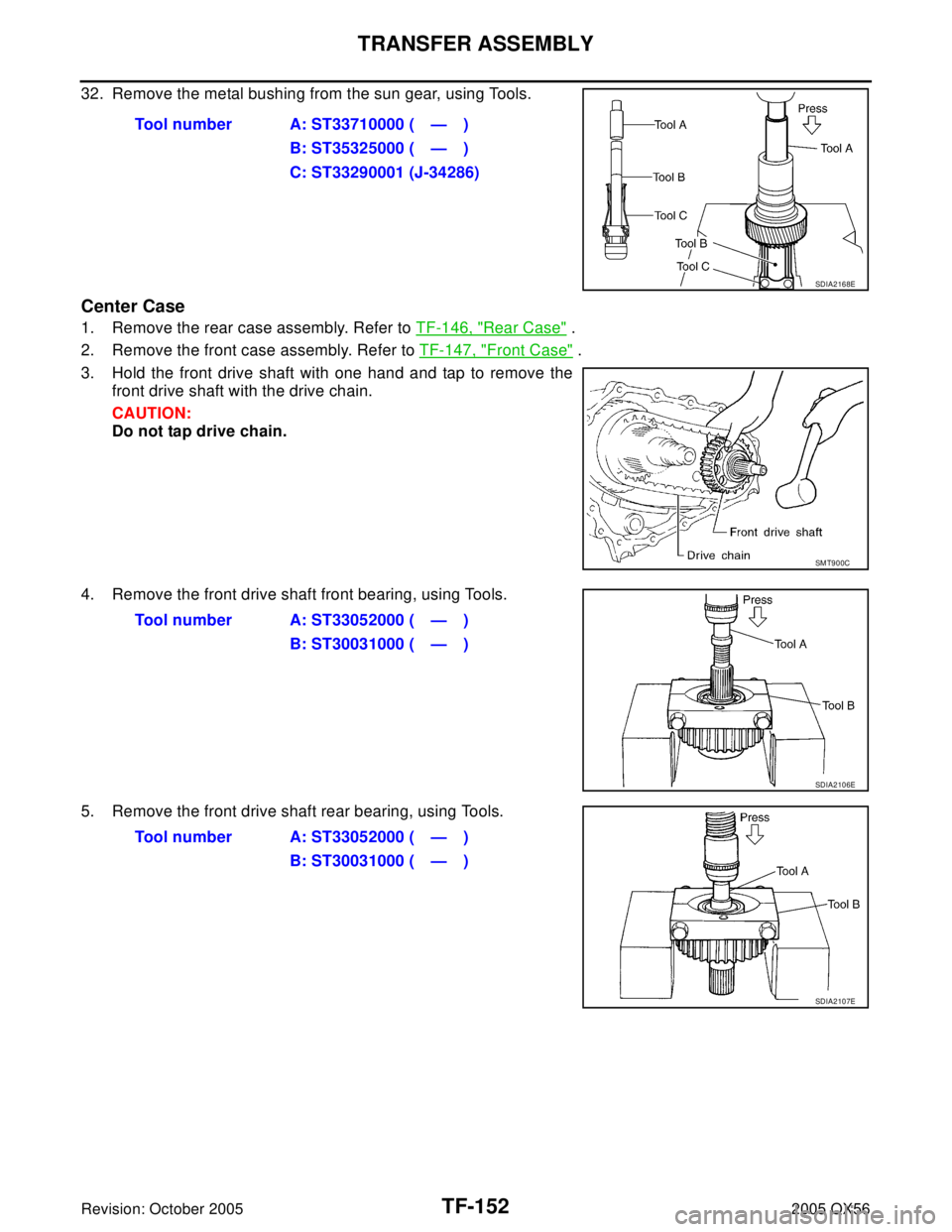 INFINITI QX4 2005  Factory Service Manual TF-152
TRANSFER ASSEMBLY
Revision: October 20052005 QX56
32. Remove the metal bushing from the sun gear, using Tools.
Center Case
1. Remove the rear case assembly. Refer to TF-146, "Rear Case" .
2. Re