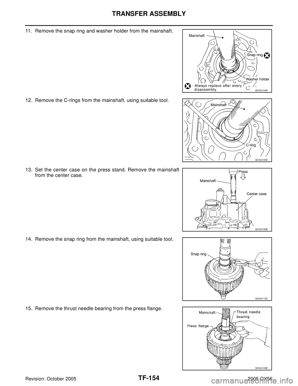 INFINITI QX4 2005  Factory Service Manual TF-154
TRANSFER ASSEMBLY
Revision: October 20052005 QX56
11. Remove the snap ring and washer holder from the mainshaft.
12. Remove the C-rings from the mainshaft, using suitable tool.
13. Set the cent
