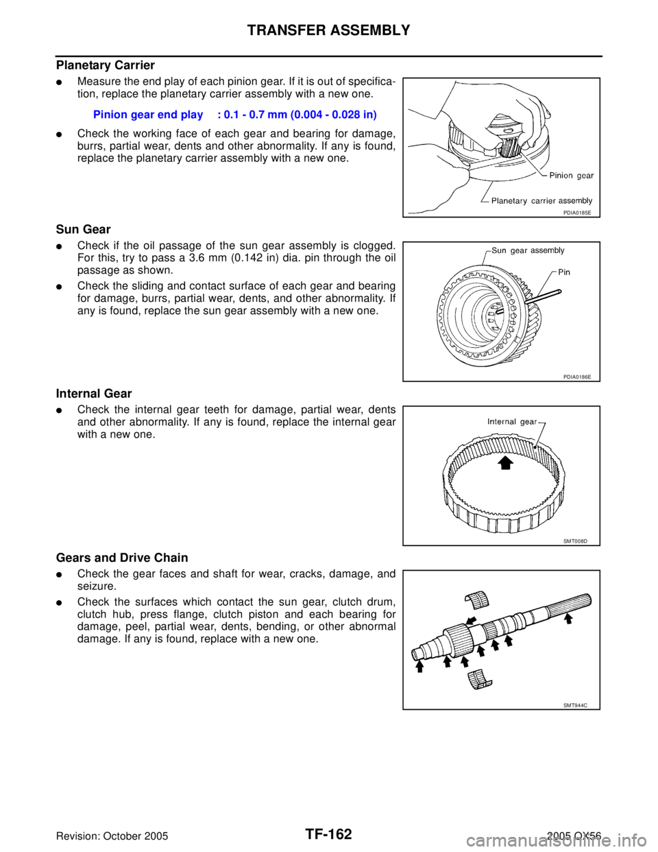 INFINITI QX4 2005  Factory Service Manual TF-162
TRANSFER ASSEMBLY
Revision: October 20052005 QX56
Planetary Carrier
Measure the end play of each pinion gear. If it is out of specifica-
tion, replace the planetary carrier assembly with a new