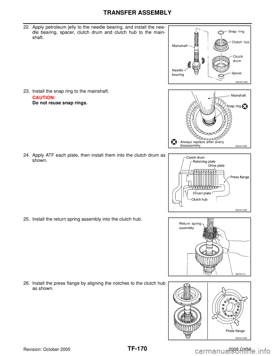 INFINITI QX4 2005  Factory Service Manual TF-170
TRANSFER ASSEMBLY
Revision: October 20052005 QX56
22. Apply petroleum jelly to the needle bearing, and install the nee-
dle bearing, spacer, clutch drum and clutch hub to the main-
shaft.
23. I