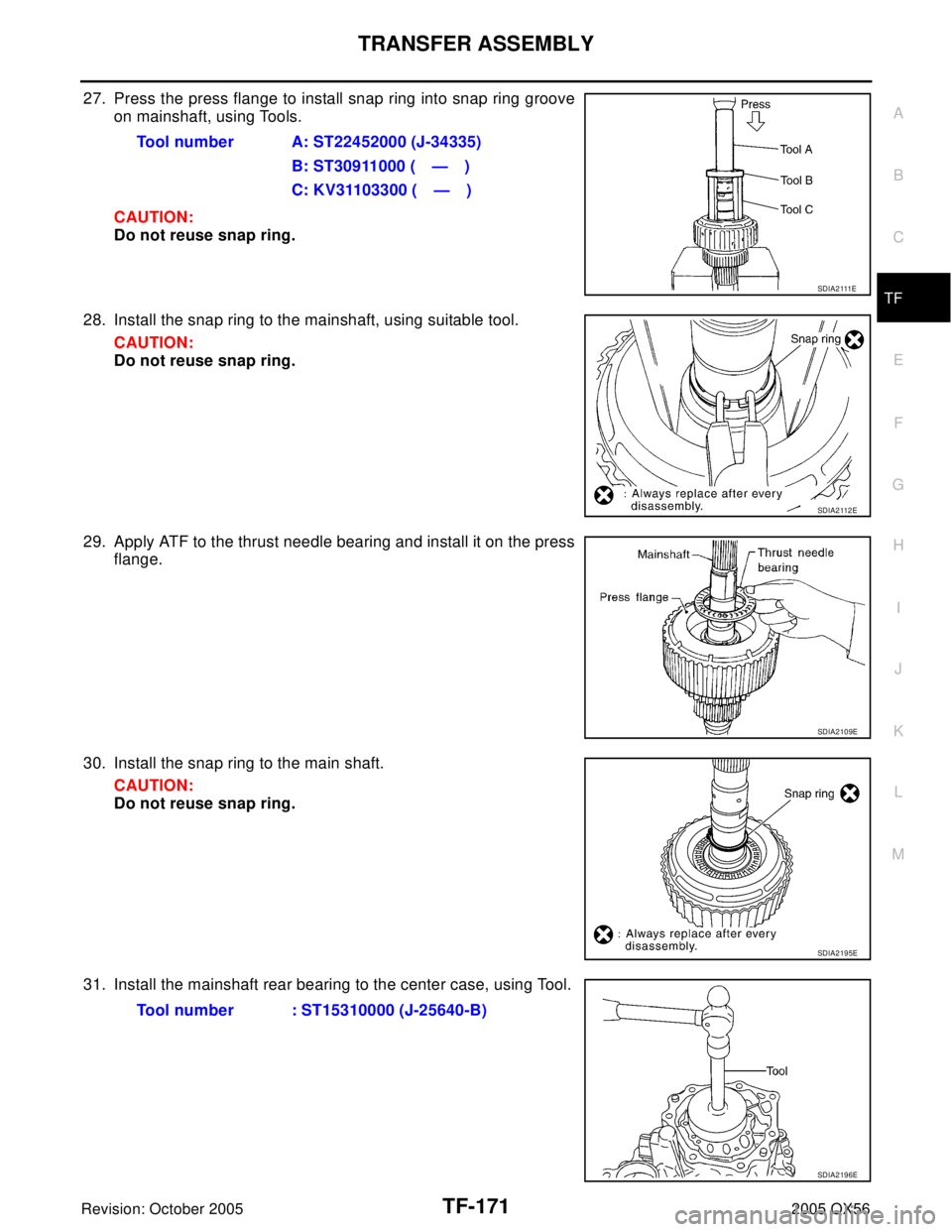 INFINITI QX4 2005  Factory Service Manual TRANSFER ASSEMBLY
TF-171
C
E
F
G
H
I
J
K
L
MA
B
TF
Revision: October 20052005 QX56
27. Press the press flange to install snap ring into snap ring groove
on mainshaft, using Tools.
CAUTION:
Do not reus