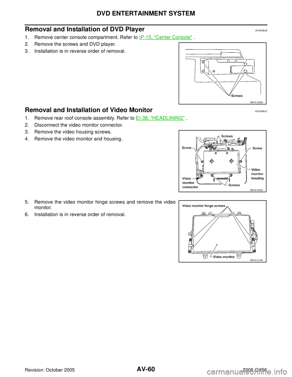 INFINITI QX4 2005  Factory Service Manual AV-60
DVD ENTERTAINMENT SYSTEM
Revision: October 20052005 QX56
Removal and Installation of DVD PlayerEKS00BJB
1. Remove center console compartment. Refer to IP-15, "Center Console" .
2. Remove the scr