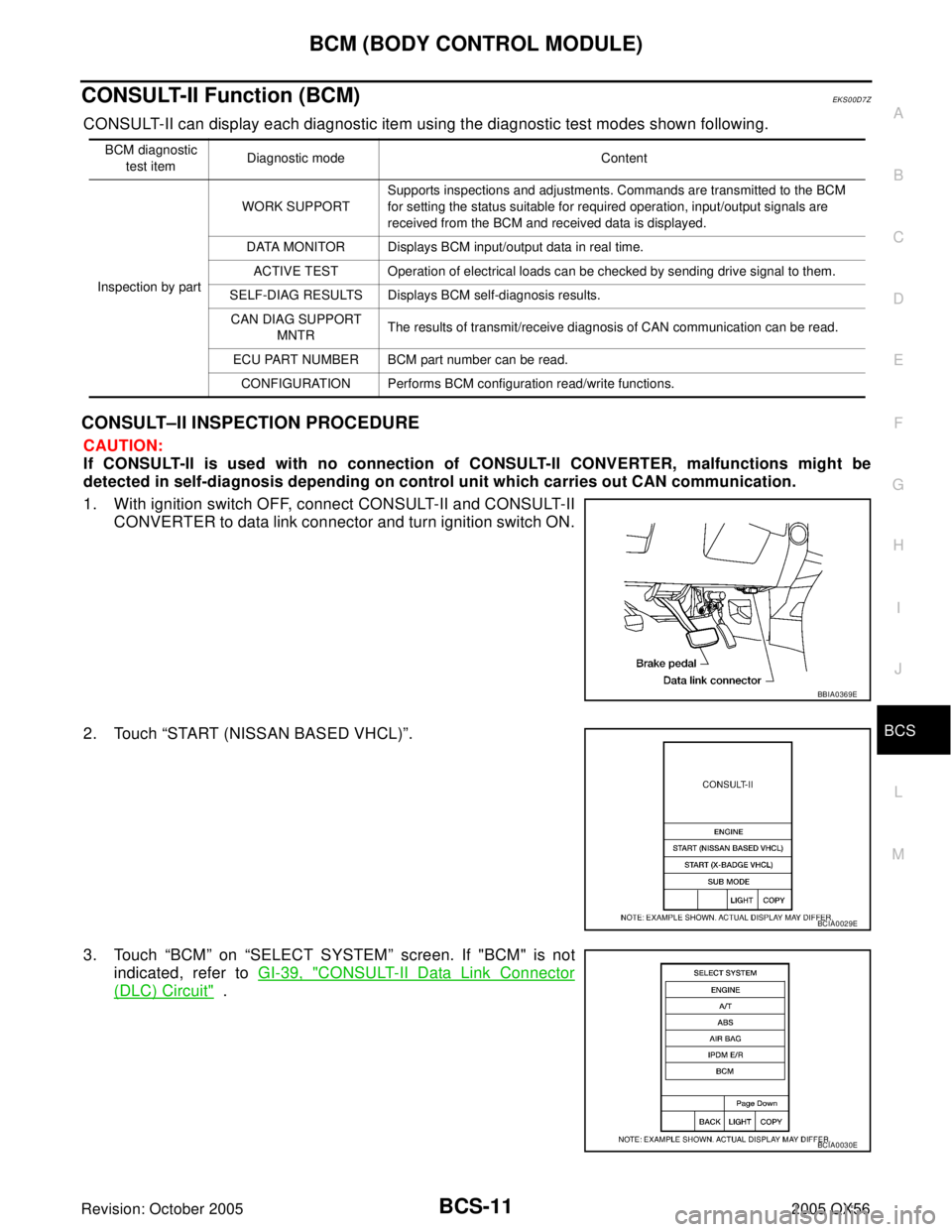 INFINITI QX4 2005  Factory Service Manual BCM (BODY CONTROL MODULE)
BCS-11
C
D
E
F
G
H
I
J
L
MA
B
BCS
Revision: October 20052005 QX56
CONSULT-II Function (BCM)EKS00D7Z
CONSULT-II can display each diagnostic item using the diagnostic test mode