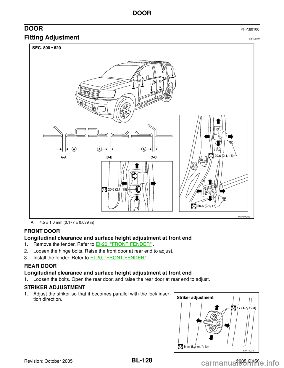 INFINITI QX4 2005  Factory Service Manual BL-128
DOOR
Revision: October 20052005 QX56
DOORPFP:80100
Fitting AdjustmentEIS008RN
FRONT DOOR
Longitudinal clearance and surface height adjustment at front end
1. Remove the fender. Refer to EI-20, 