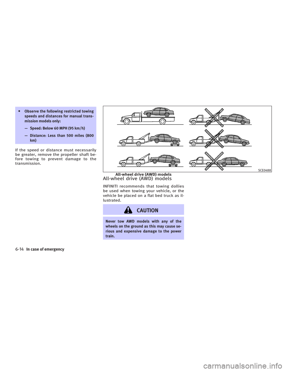 INFINITI G35 2006 Owners Manual O Observe the following restricted towing
speeds and distances for manual trans-
mission models only:
Ð Speed: Below 60 MPH (95 km/h)
Ð Distance: Less than 500 miles (800
km)
If the speed or distanc INFINITI G35 2006 Owners Manual O Observe the following restricted towing
speeds and distances for manual trans-
mission models only:
Ð Speed: Below 60 MPH (95 km/h)
Ð Distance: Less than 500 miles (800
km)
If the speed or distanc