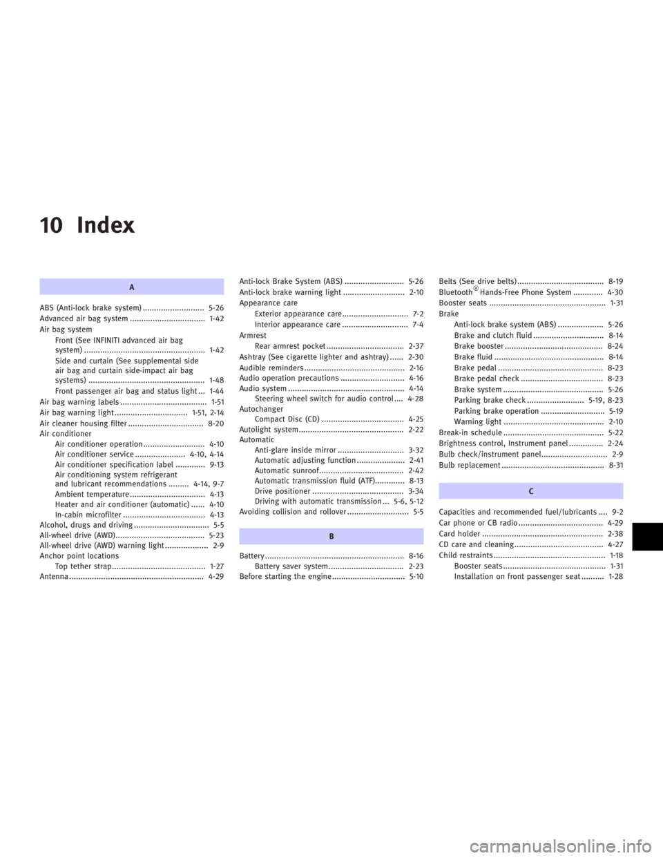 INFINITI G35 2006  Owners Manual 10 Index A
ABS (Anti-lock brake system) ........................... 5-26
Advanced air bag system ................................. 1-42
Air bag system
Front (See INFINITI advanced air bag
system) ....
