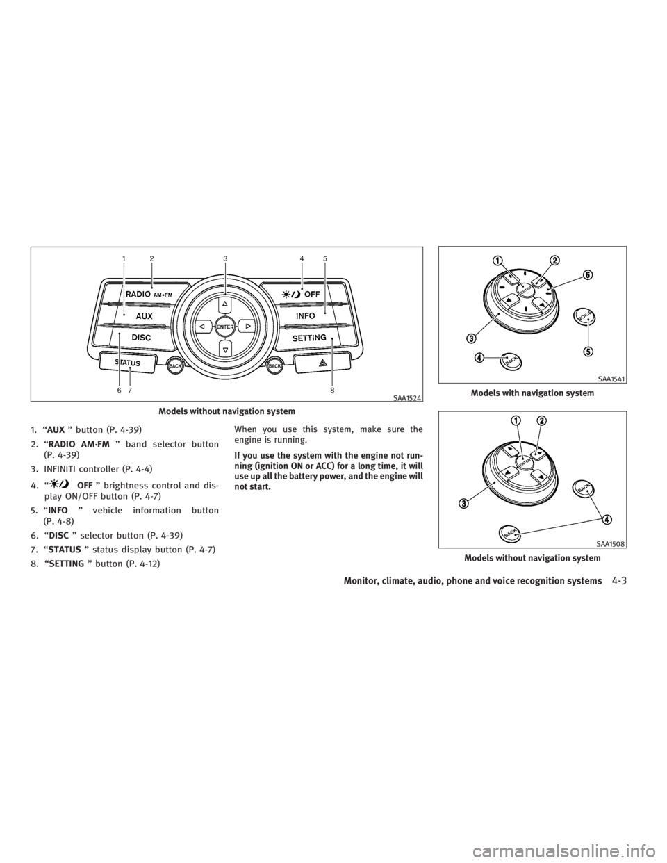 INFINITI G37 2010 User Guide 1. “ AUX ” button (P. 4-39)
2. “ RADIO AM·FM ” band selector button
(P. 4-39)
3. INFINITI controller (P. 4-4)
4. “ OFF ” brightness control and dis-
play ON/OFF button (P. 4-7)
5. “ INF