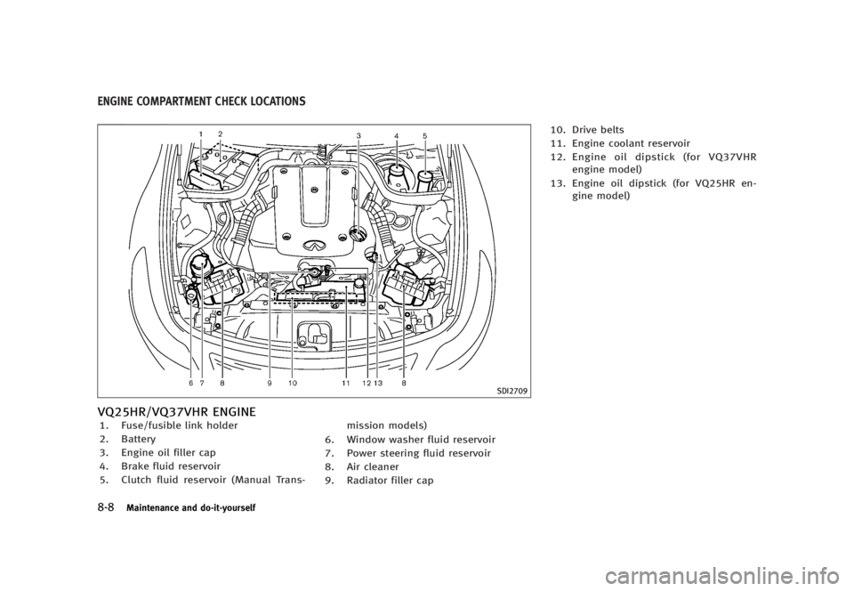 INFINITI G37 2012  Owners Manual Black plate (414,1)
[ Edit: 2012/ 1/ 17 Model: V36-D ]8-8 Maintenance and do-it-yourself GUID-AFE9B83F-FA8B-4F31-955F-26554D8ED4E6
SDI2709
VQ25HR/VQ37VHR ENGINE GUID-7476C613-7968-488E-A6AE-1408D693BF