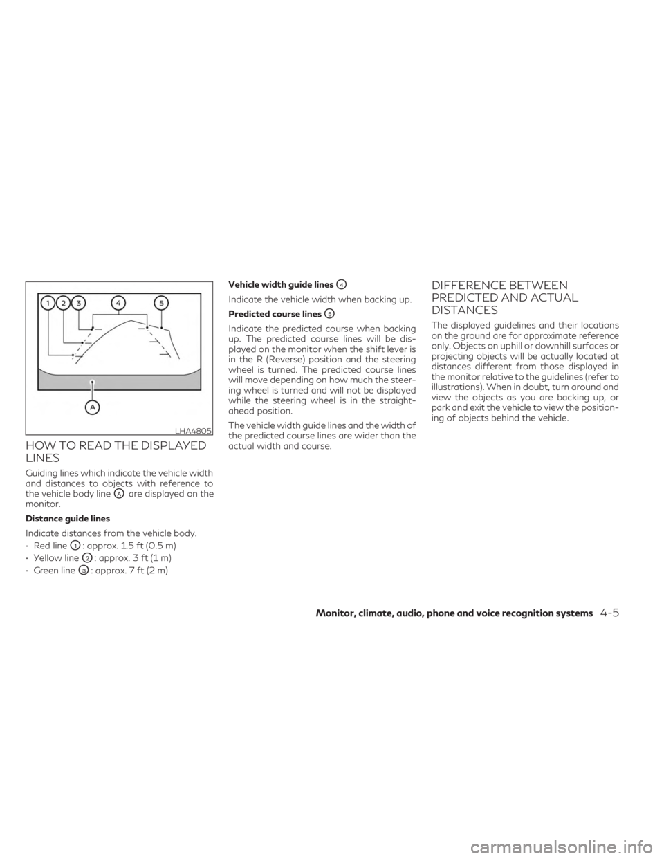 INFINITI QX50 2023 Owners Manual HOW TO READ THE DISPLAYED
LINES
Guiding lines which indicate the vehicle width
and distances to objects with reference to
the vehicle body line
OAare displayed on the
monitor.
Distance guide lines
Ind INFINITI QX50 2023 Owners Manual HOW TO READ THE DISPLAYED
LINES
Guiding lines which indicate the vehicle width
and distances to objects with reference to
the vehicle body line
OAare displayed on the
monitor.
Distance guide lines
Ind