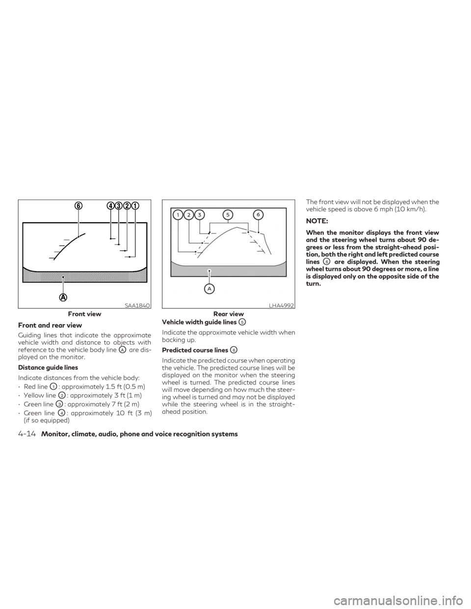 INFINITI QX50 2023 Owners Manual Front and rear view
Guiding lines that indicate the approximate
vehicle width and distance to objects with
reference to the vehicle body line
OAare dis-
played on the monitor.
Distance guide lines
Ind INFINITI QX50 2023 Owners Manual Front and rear view
Guiding lines that indicate the approximate
vehicle width and distance to objects with
reference to the vehicle body line
OAare dis-
played on the monitor.
Distance guide lines
Ind