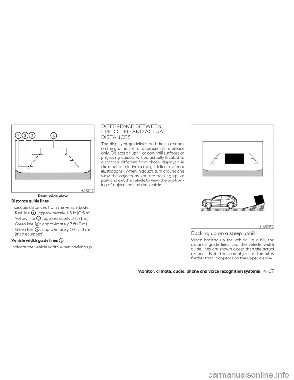 INFINITI QX50 2023 Owners Manual Distance guide lines
Indicates distances from the vehicle body:
• Red line
O1: approximately 1.5 ft (0.5 m)
• Yellow line
O2: approximately 3 ft (1 m)
• Green line
O3: approximately 7 ft (2 m)
INFINITI QX50 2023 Owners Manual Distance guide lines
Indicates distances from the vehicle body:
• Red line
O1: approximately 1.5 ft (0.5 m)
• Yellow line
O2: approximately 3 ft (1 m)
• Green line
O3: approximately 7 ft (2 m)