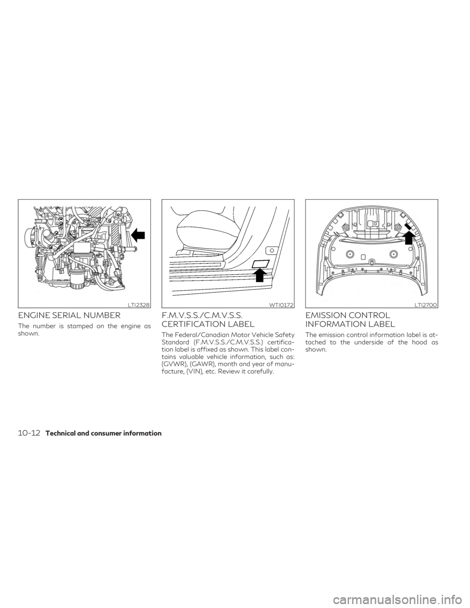 INFINITI QX50 2023 Owners Manual ENGINE SERIAL NUMBER
The number is stamped on the engine as
shown.
F.M.V.S.S./C.M.V.S.S.
CERTIFICATION LABEL
The Federal/Canadian Motor Vehicle Safety
Standard (F.M.V.S.S./C.M.V.S.S.) certifica-
tion INFINITI QX50 2023 Owners Manual ENGINE SERIAL NUMBER
The number is stamped on the engine as
shown.
F.M.V.S.S./C.M.V.S.S.
CERTIFICATION LABEL
The Federal/Canadian Motor Vehicle Safety
Standard (F.M.V.S.S./C.M.V.S.S.) certifica-
tion
