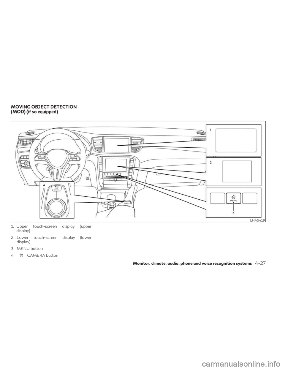 INFINITI QX55 2023  Owners Manual 1. Upper touch-screen display (upperdisplay)
2. Lower touch-screen display (lower display)
3. MENU button
4.
CAMERA button
LHA5419
MOVING OBJECT DETECTION
(MOD) (if so equipped)
Monitor, climate, audi