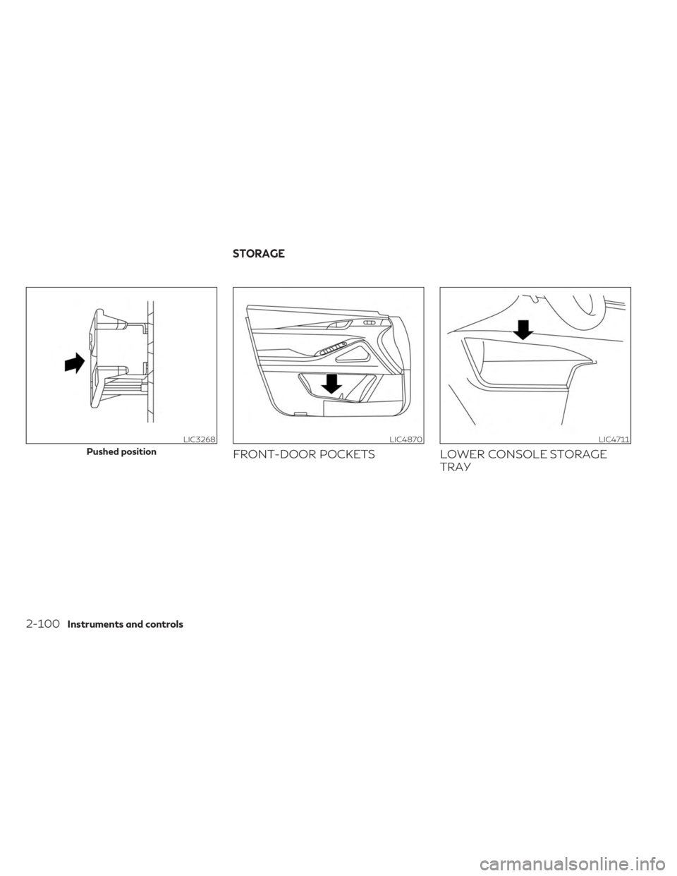INFINITI QX60 2023 Owners Manual FRONT-DOOR POCKETSLOWER CONSOLE STORAGE
TRAY
LIC3268
Pushed position
LIC4870LIC4711
STORAGE
2-100Instruments and controls INFINITI QX60 2023 Owners Manual FRONT-DOOR POCKETSLOWER CONSOLE STORAGE
TRAY
LIC3268
Pushed position
LIC4870LIC4711
STORAGE
2-100Instruments and controls