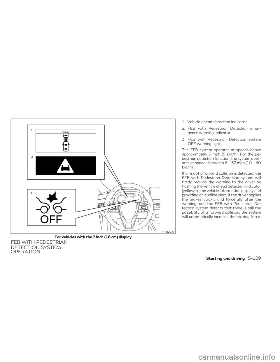 INFINITI QX60 2023 Owners Manual FEB WITH PEDESTRIAN
DETECTION SYSTEM
OPERATION
1. Vehicle ahead detection indicator
2. FEB with Pedestrian Detection emer-gency warning indicator
3. FEB with Pedestrian Detection system OFF warning li INFINITI QX60 2023 Owners Manual FEB WITH PEDESTRIAN
DETECTION SYSTEM
OPERATION
1. Vehicle ahead detection indicator
2. FEB with Pedestrian Detection emer-gency warning indicator
3. FEB with Pedestrian Detection system OFF warning li