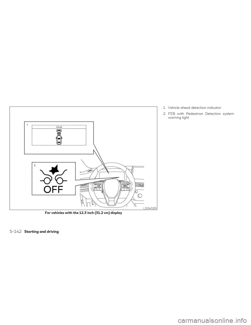 INFINITI QX60 2023 Owners Manual 1. Vehicle ahead detection indicator
2. FEB with Pedestrian Detection systemwarning light
LSD4530
For vehicles with the 12.3 inch (31.2 cm) display
5-142Starting and driving INFINITI QX60 2023 Owners Manual 1. Vehicle ahead detection indicator
2. FEB with Pedestrian Detection systemwarning light
LSD4530
For vehicles with the 12.3 inch (31.2 cm) display
5-142Starting and driving