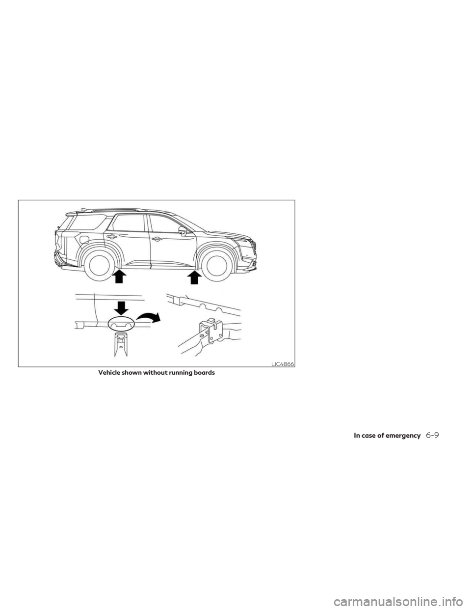 INFINITI QX60 2023  Owners Manual LIC4866
Vehicle shown without running boards
In case of emergency6-9 