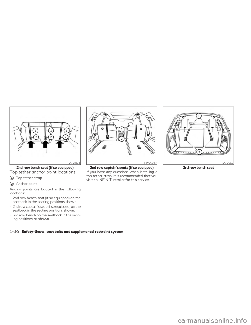 INFINITI QX60 2023 Repair Manual Top tether anchor point locations
1Top tether strap
2Anchor point
Anchor points are located in the following
locations:
• 2nd row bench seat (if so equipped) on the seatback in the seating positio
