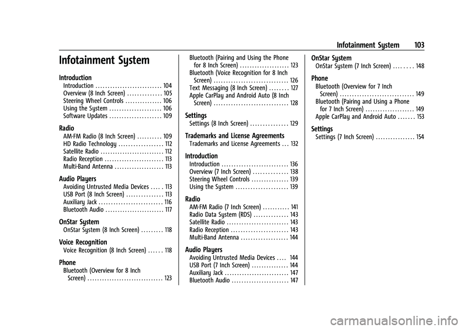 BUICK ENCORE 2021  Owners Manual Buick Encore Owner Manual (GMNA-Localizing-U.S./Canada-14607636) -
2021 - CRC - 8/18/20
Infotainment System 103
Infotainment System
Introduction
Introduction . . . . . . . . . . . . . . . . . . . . . 