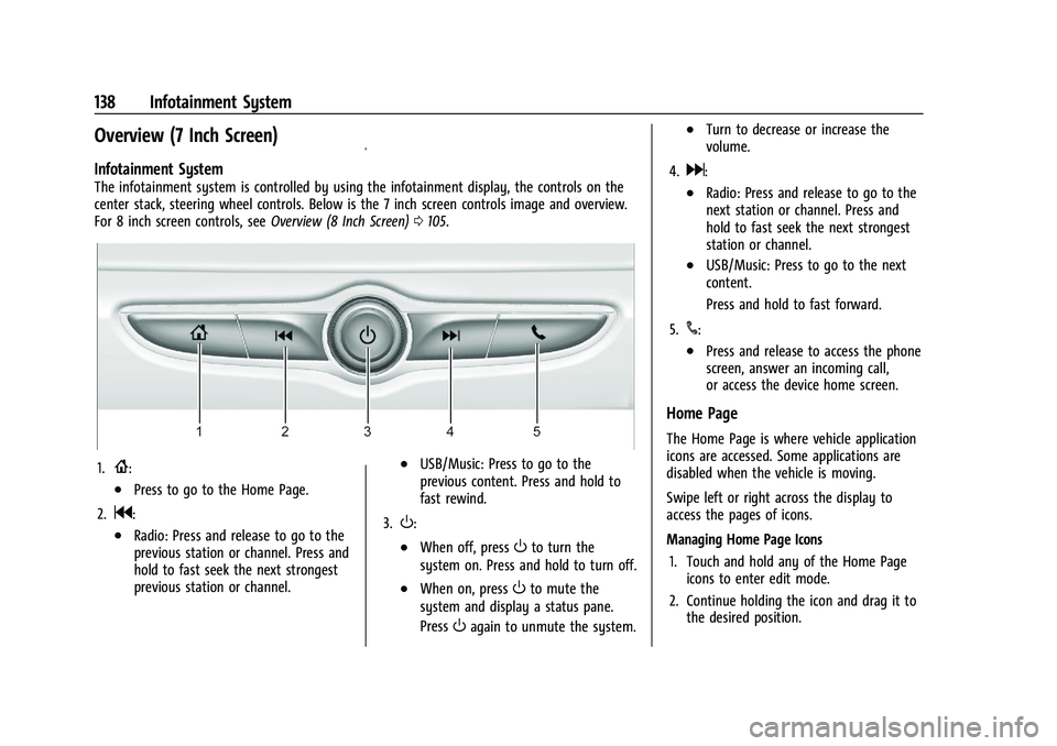BUICK ENCORE 2021 Workshop Manual Buick Encore Owner Manual (GMNA-Localizing-U.S./Canada-14607636) -
2021 - CRC - 8/18/20
138 Infotainment System
Overview (7 Inch Screen)
Infotainment System
The infotainment system is controlled by us BUICK ENCORE 2021 Workshop Manual Buick Encore Owner Manual (GMNA-Localizing-U.S./Canada-14607636) -
2021 - CRC - 8/18/20
138 Infotainment System
Overview (7 Inch Screen)
Infotainment System
The infotainment system is controlled by us