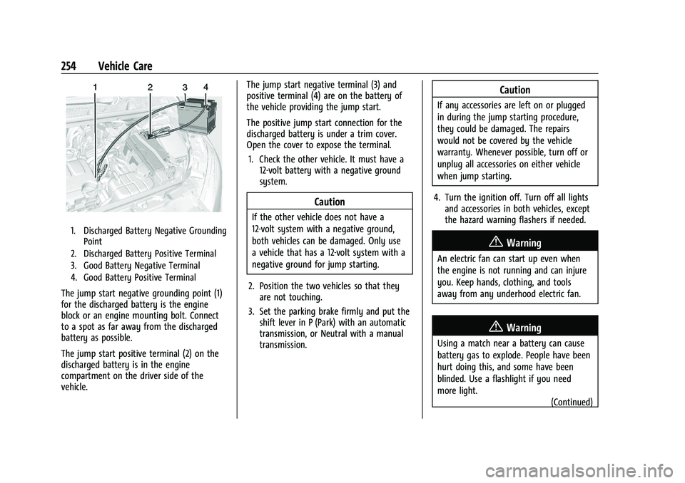 BUICK ENCORE 2021 Service Manual Buick Encore Owner Manual (GMNA-Localizing-U.S./Canada-14607636) -
2021 - CRC - 8/18/20
254 Vehicle Care
1. Discharged Battery Negative GroundingPoint
2. Discharged Battery Positive Terminal
3. Good B