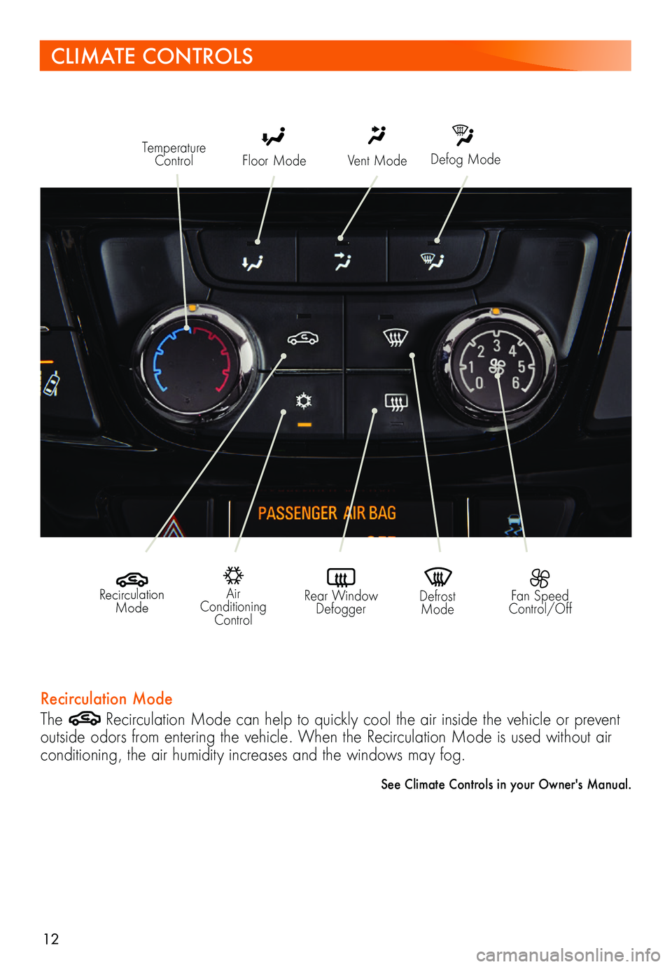 BUICK ENCORE 2021 Get To Know Guide 12
CLIMATE CONTROLS
Defog ModeFloor ModeTemperature ControlVent Mode
Air Conditioning Control
Recirculation Mode
Fan Speed Control/OffDefrost Mode
Rear Window Defogger
Recirculation Mode
The BUICK ENCORE 2021 Get To Know Guide 12
CLIMATE CONTROLS
Defog ModeFloor ModeTemperature ControlVent Mode
Air Conditioning Control
Recirculation Mode
Fan Speed Control/OffDefrost Mode
Rear Window Defogger
Recirculation Mode
The