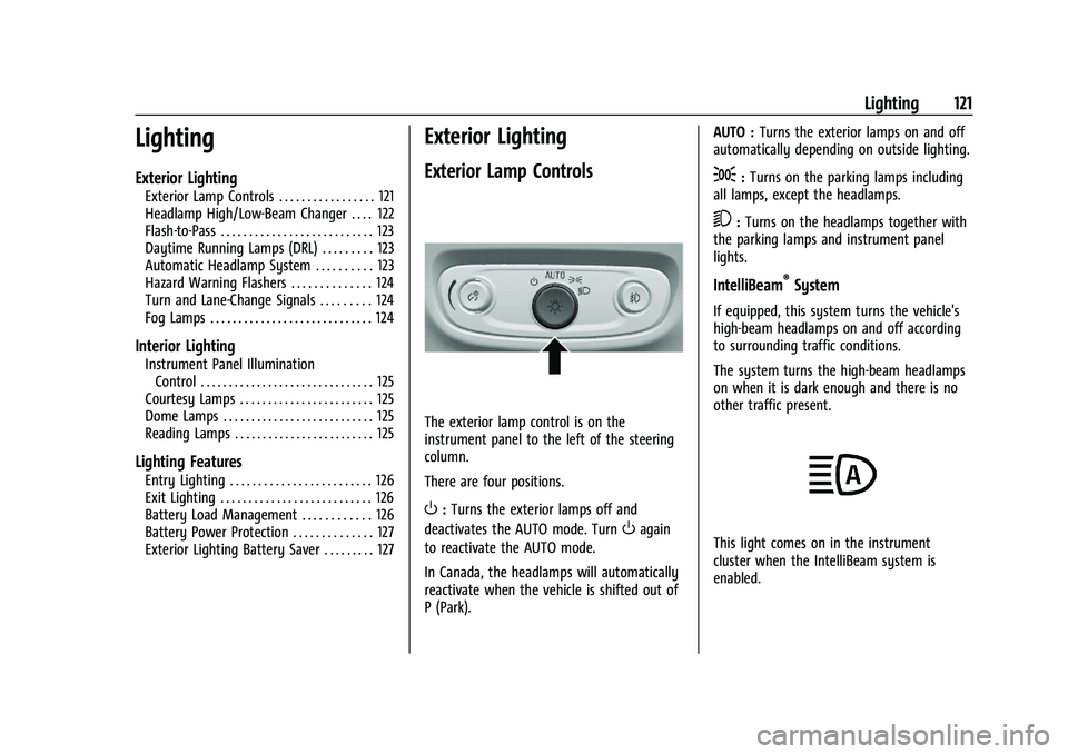 BUICK ENCORE GX 2021  Owners Manual Buick Encore GX Owner Manual (GMNA-Localizing-U.S./Canada/Mexico-
14608036) - 2021 - CRC - 9/21/20
Lighting 121
Lighting
Exterior Lighting
Exterior Lamp Controls . . . . . . . . . . . . . . . . . 121
