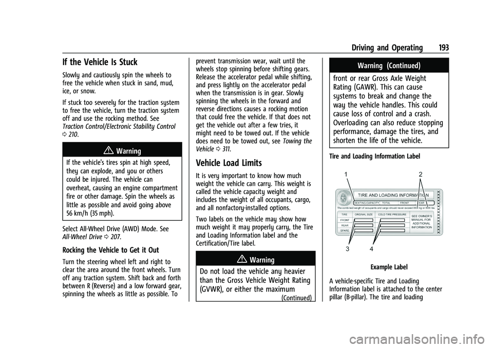 BUICK ENCORE GX 2021 Owners Manual Buick Encore GX Owner Manual (GMNA-Localizing-U.S./Canada/Mexico-
14608036) - 2021 - CRC - 9/21/20
Driving and Operating 193
If the Vehicle Is Stuck
Slowly and cautiously spin the wheels to
free the v BUICK ENCORE GX 2021 Owners Manual Buick Encore GX Owner Manual (GMNA-Localizing-U.S./Canada/Mexico-
14608036) - 2021 - CRC - 9/21/20
Driving and Operating 193
If the Vehicle Is Stuck
Slowly and cautiously spin the wheels to
free the v