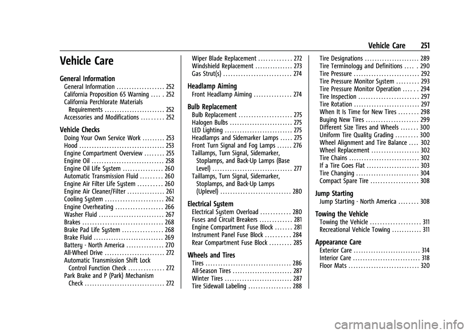 BUICK ENCORE GX 2021  Owners Manual Buick Encore GX Owner Manual (GMNA-Localizing-U.S./Canada/Mexico-
14608036) - 2021 - CRC - 9/21/20
Vehicle Care 251
Vehicle Care
General Information
General Information . . . . . . . . . . . . . . . .