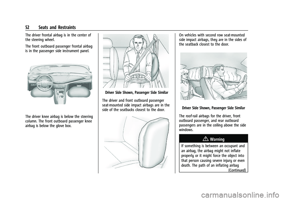 BUICK ENCORE GX 2021  Owners Manual Buick Encore GX Owner Manual (GMNA-Localizing-U.S./Canada/Mexico-
14608036) - 2021 - CRC - 9/21/20
52 Seats and Restraints
The driver frontal airbag is in the center of
the steering wheel.
The front o