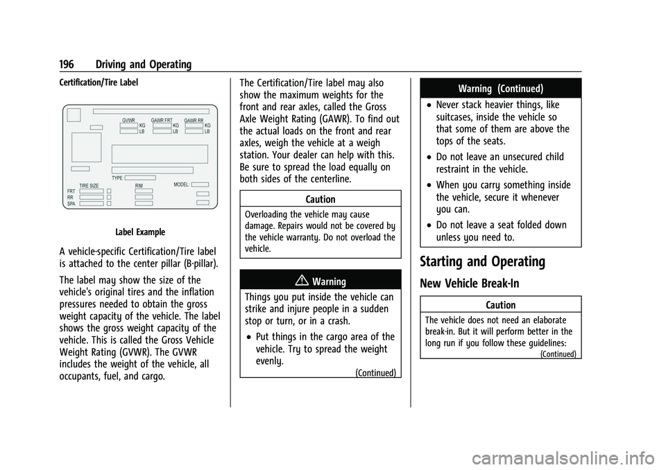 BUICK ENVISION 2021  Owners Manual Buick E2UB-N Owner Manual (GMNA-Localizing-U.S./Canada/Mexico-
14583509) - 2021 - CRC - 1/8/21
196 Driving and Operating
Certification/Tire Label
Label Example
A vehicle-specific Certification/Tire la