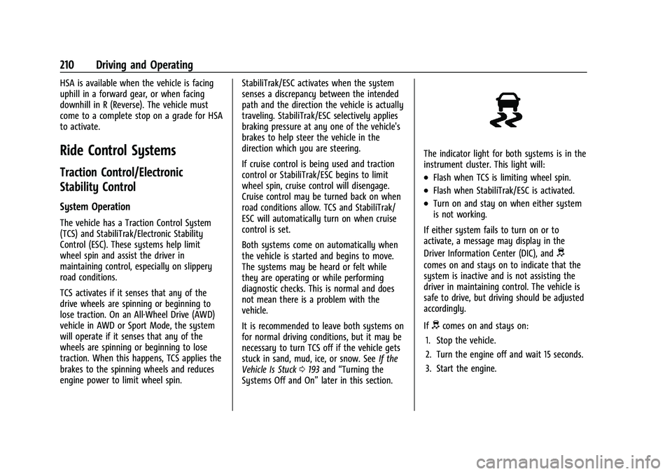 BUICK ENVISION 2021 Owners Guide Buick E2UB-N Owner Manual (GMNA-Localizing-U.S./Canada/Mexico-
14583509) - 2021 - CRC - 1/8/21
210 Driving and Operating
HSA is available when the vehicle is facing
uphill in a forward gear, or when f