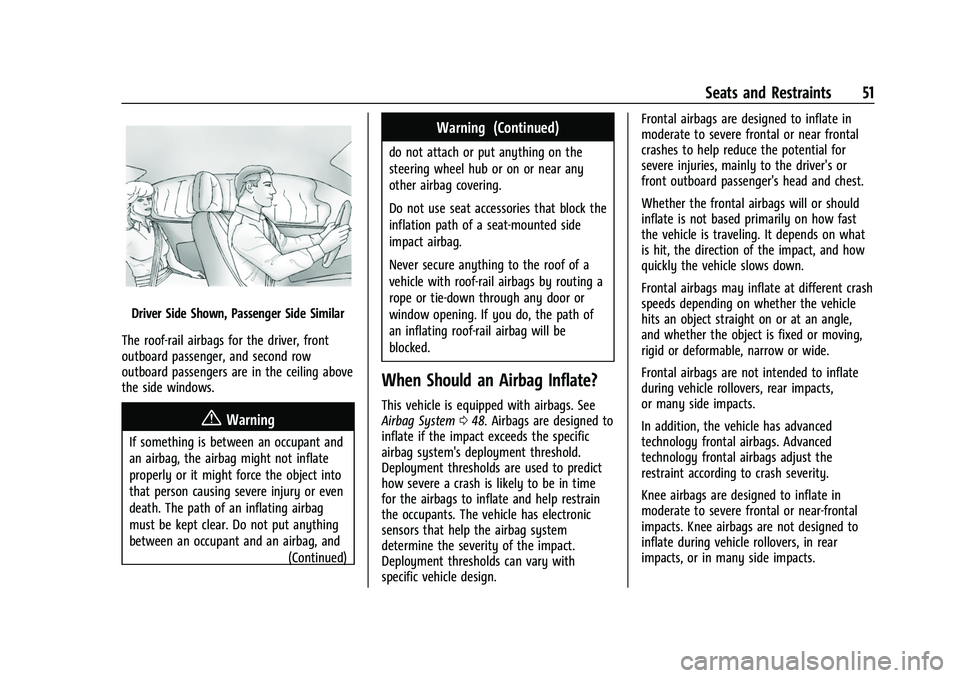 BUICK ENVISION 2021  Owners Manual Buick E2UB-N Owner Manual (GMNA-Localizing-U.S./Canada/Mexico-
14583509) - 2021 - CRC - 1/8/21
Seats and Restraints 51
Driver Side Shown, Passenger Side Similar
The roof-rail airbags for the driver, f