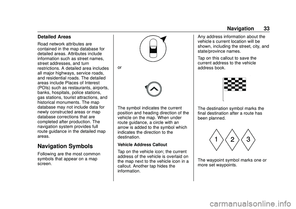 BUICK ENCORE 2020 Infotainment System Guide Buick Infotainment System (U.S./Canada 2.6) (GMNA-Localizing-U.S./Canada-
13583164) - 2020 - CRC - 2/26/19
Navigation 33
Detailed Areas
Road network attributes are
contained in the map database for
de BUICK ENCORE 2020 Infotainment System Guide Buick Infotainment System (U.S./Canada 2.6) (GMNA-Localizing-U.S./Canada-
13583164) - 2020 - CRC - 2/26/19
Navigation 33
Detailed Areas
Road network attributes are
contained in the map database for
de
