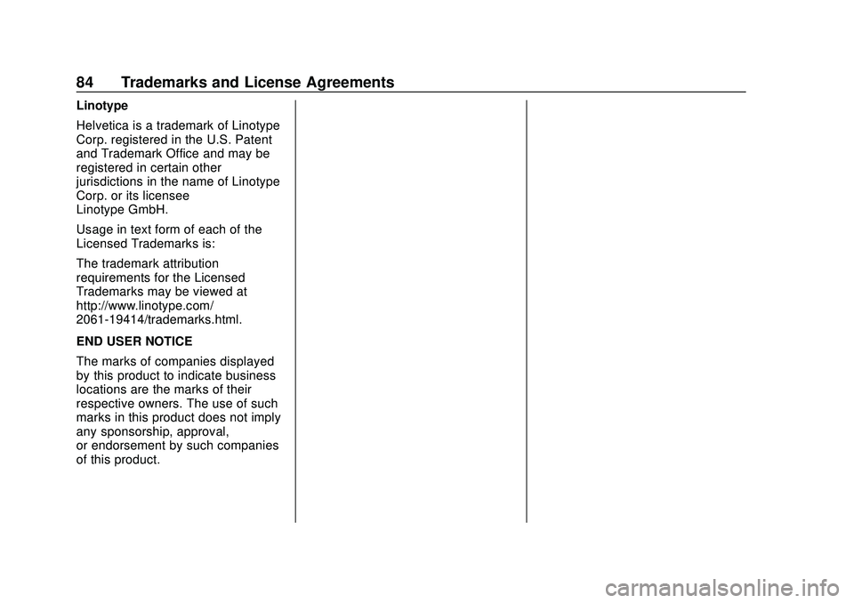 BUICK ENCORE GX 2020 Infotainment System Guide Buick Infotainment System (U.S./Canada 2.6) (GMNA-Localizing-U.S./Canada-
13583164) - 2020 - CRC - 2/26/19
84 Trademarks and License Agreements
Linotype
Helvetica is a trademark of Linotype
Corp. regi BUICK ENCORE GX 2020 Infotainment System Guide Buick Infotainment System (U.S./Canada 2.6) (GMNA-Localizing-U.S./Canada-
13583164) - 2020 - CRC - 2/26/19
84 Trademarks and License Agreements
Linotype
Helvetica is a trademark of Linotype
Corp. regi