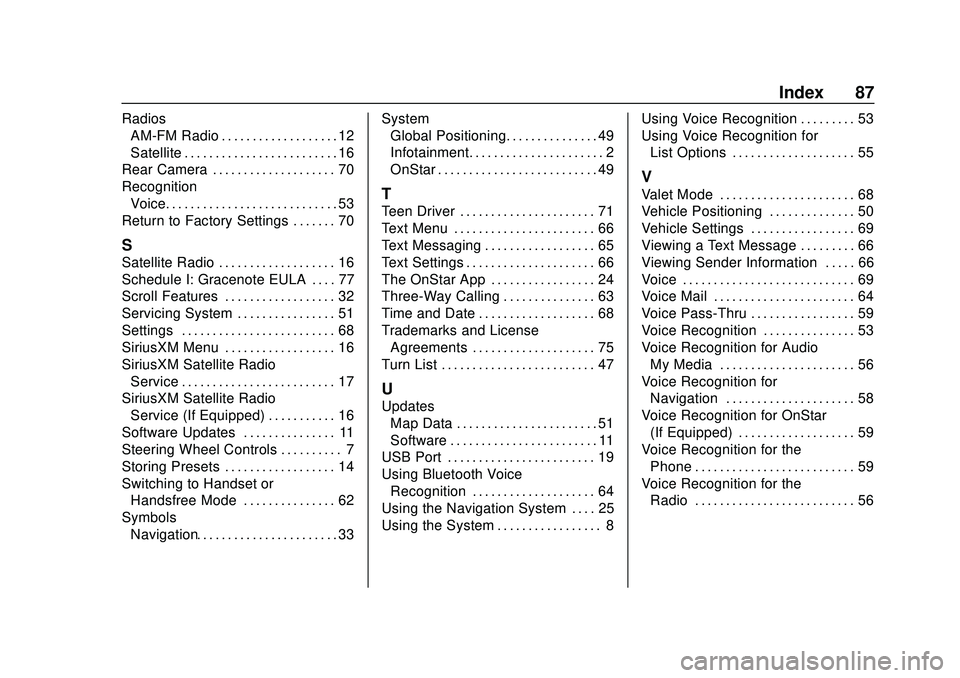 BUICK ENCORE 2020 Infotainment System Guide Buick Infotainment System (U.S./Canada 2.6) (GMNA-Localizing-U.S./Canada-
13583164) - 2020 - CRC - 2/26/19
Index 87
RadiosAM-FM Radio . . . . . . . . . . . . . . . . . . . 12
Satellite . . . . . . . . BUICK ENCORE 2020 Infotainment System Guide Buick Infotainment System (U.S./Canada 2.6) (GMNA-Localizing-U.S./Canada-
13583164) - 2020 - CRC - 2/26/19
Index 87
RadiosAM-FM Radio . . . . . . . . . . . . . . . . . . . 12
Satellite . . . . . . . .