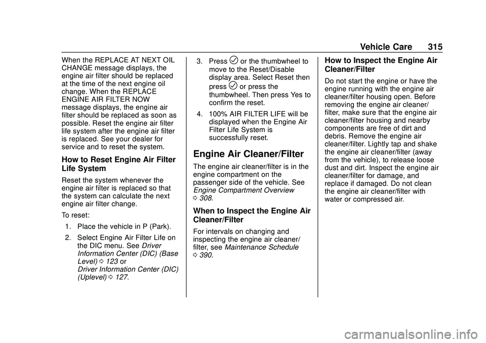 BUICK ENCORE GX 2020  Owners Manual Buick Encore GX Owner Manual (GMNA-Localizing-U.S./Canada/Mexico-
14018934) - 2020 - CRC - 2/27/20
Vehicle Care 315
When the REPLACE AT NEXT OIL
CHANGE message displays, the
engine air filter should b