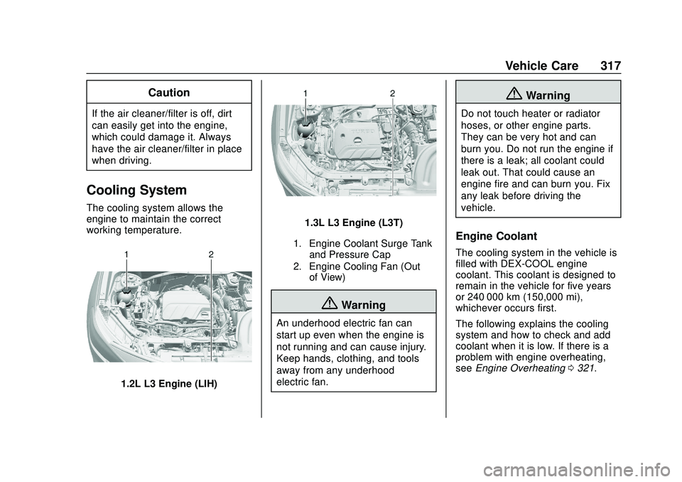 BUICK ENCORE GX 2020  Owners Manual Buick Encore GX Owner Manual (GMNA-Localizing-U.S./Canada/Mexico-
14018934) - 2020 - CRC - 2/27/20
Vehicle Care 317
Caution
If the air cleaner/filter is off, dirt
can easily get into the engine,
which