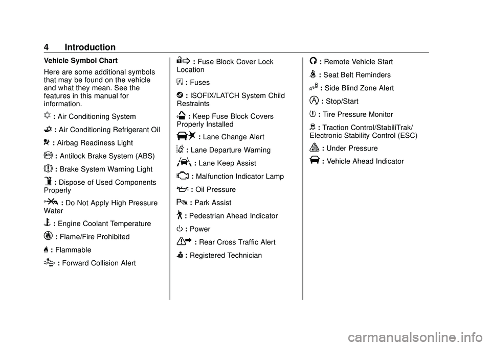 BUICK ENCORE GX 2020  Owners Manual Buick Encore GX Owner Manual (GMNA-Localizing-U.S./Canada/Mexico-
14018934) - 2020 - CRC - 2/27/20
4 Introduction
Vehicle Symbol Chart
Here are some additional symbols
that may be found on the vehicle