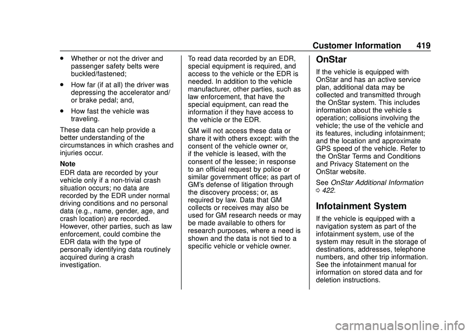 BUICK ENCORE GX 2020 Owners Manual Buick Encore GX Owner Manual (GMNA-Localizing-U.S./Canada/Mexico-
14018934) - 2020 - CRC - 2/27/20
Customer Information 419
.Whether or not the driver and
passenger safety belts were
buckled/fastened; BUICK ENCORE GX 2020 Owners Manual Buick Encore GX Owner Manual (GMNA-Localizing-U.S./Canada/Mexico-
14018934) - 2020 - CRC - 2/27/20
Customer Information 419
.Whether or not the driver and
passenger safety belts were
buckled/fastened;