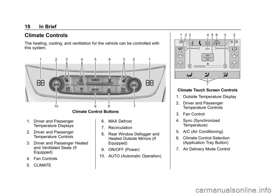 BUICK ENCLAVE 2019 User Guide Buick Enclave Owner Manual (GMNA-Localizing-U.S./Canada/Mexico-
12146155) - 2019 - crc - 9/10/18
18 In Brief
Climate Controls
The heating, cooling, and ventilation for the vehicle can be controlled wi