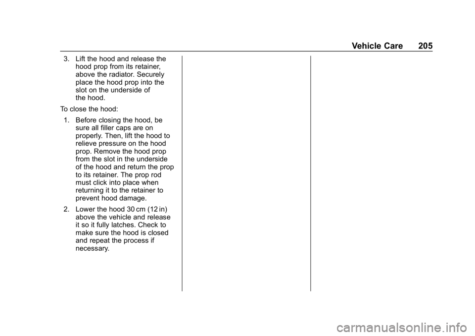BUICK ENCORE 2019  Owners Manual Buick Encore Owner Manual (GMNA-Localizing-U.S./Canada/Mexico-
12163005) - 2019 - crc - 9/17/18
Vehicle Care 205
3. Lift the hood and release thehood prop from its retainer,
above the radiator. Secure