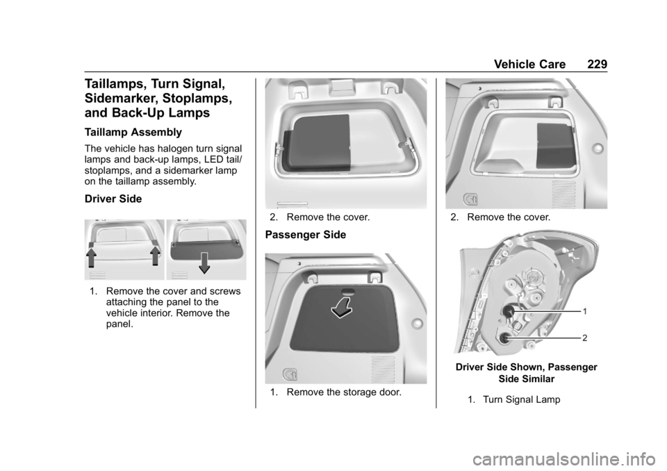 BUICK ENCORE 2019  Owners Manual Buick Encore Owner Manual (GMNA-Localizing-U.S./Canada/Mexico-
12163005) - 2019 - crc - 9/17/18
Vehicle Care 229
Taillamps, Turn Signal,
Sidemarker, Stoplamps,
and Back-Up Lamps
Taillamp Assembly
The 