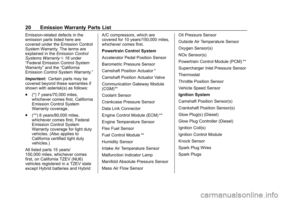 BUICK ENCORE 2019  Limited Warranty And Owner Assistance Information Buick Limited Warranty and Owner Assistance Information (GMNA-Localiz-
ing-U.S-12032535) - 2019 - crc - 6/25/18
20 Emission Warranty Parts List
Emission-related defects in the
emission parts listed he