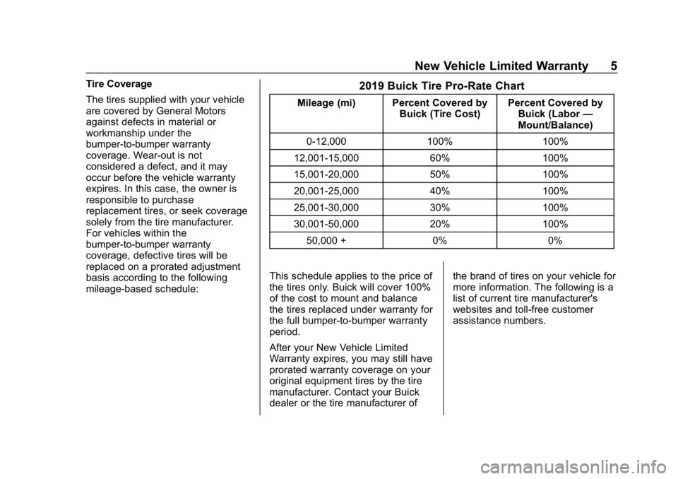 BUICK ENCORE 2019  Limited Warranty And Owner Assistance Information Buick Limited Warranty and Owner Assistance Information (GMNA-Localiz-
ing-U.S-12032535) - 2019 - crc - 6/25/18
New Vehicle Limited Warranty 5
Tire Coverage
The tires supplied with your vehicle
are co