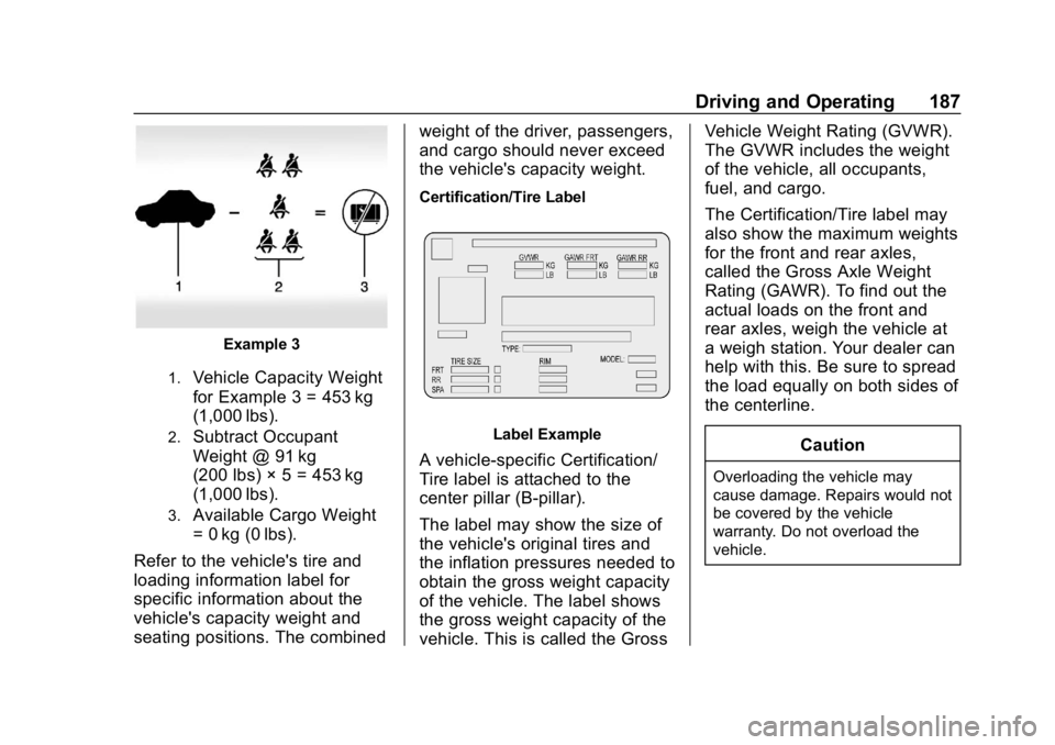 BUICK ENVISION 2019  Owners Manual Buick Envision Owner Manual (GMNA-Localizing-U.S./Canada/Mexico-
12032235) - 2019 - CRC - 6/27/18
Driving and Operating 187
Example 3
1.Vehicle Capacity Weight
for Example 3 = 453 kg
(1,000 lbs).
2.Su