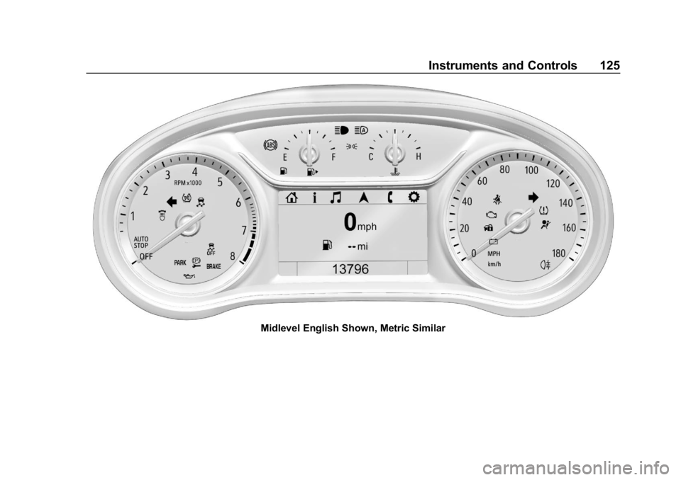 BUICK REGAL SPORTBACK 2019 Owners Manual Buick Regal Owner Manual (GMNA-Localizing-U.S./Canada-12163021) -
2019 - CRC - 11/14/18
Instruments and Controls 125
Midlevel English Shown, Metric Similar BUICK REGAL SPORTBACK 2019 Owners Manual Buick Regal Owner Manual (GMNA-Localizing-U.S./Canada-12163021) -
2019 - CRC - 11/14/18
Instruments and Controls 125
Midlevel English Shown, Metric Similar