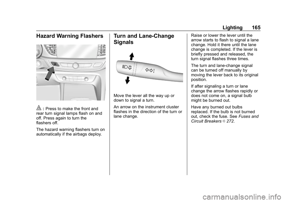 BUICK REGAL SPORTBACK 2019  Owners Manual Buick Regal Owner Manual (GMNA-Localizing-U.S./Canada-12163021) -
2019 - CRC - 11/14/18
Lighting 165
Hazard Warning Flashers
|:Press to make the front and
rear turn signal lamps flash on and
off. Pres