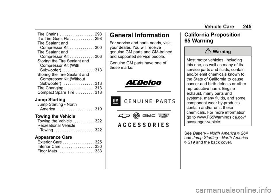 BUICK REGAL SPORTBACK 2019  Owners Manual Buick Regal Owner Manual (GMNA-Localizing-U.S./Canada-12163021) -
2019 - CRC - 11/14/18
Vehicle Care 245
Tire Chains . . . . . . . . . . . . . . . . . . . 298
If a Tire Goes Flat . . . . . . . . . . .