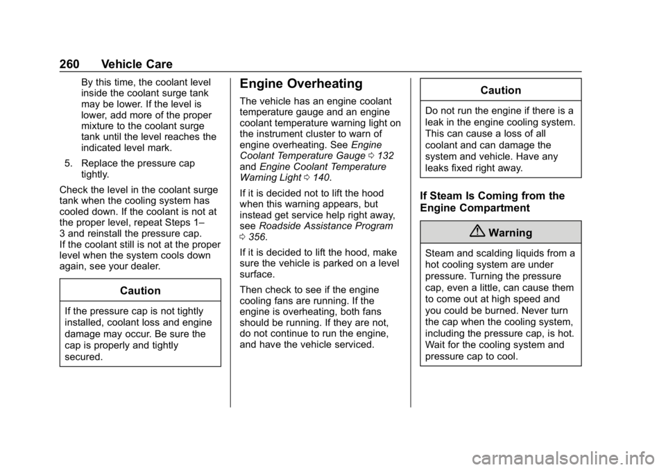 BUICK REGAL SPORTBACK 2019  Owners Manual Buick Regal Owner Manual (GMNA-Localizing-U.S./Canada-12163021) -
2019 - CRC - 11/14/18
260 Vehicle Care
By this time, the coolant level
inside the coolant surge tank
may be lower. If the level is
low